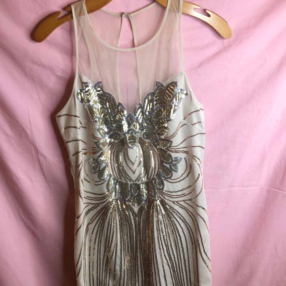 Bebe cream and gold dress